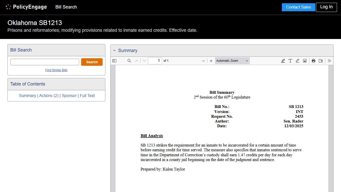 SB1213 | Oklahoma 2026 | Prisons and reformatories; modifying provisions related to inmate earned credits. Effective date. - Legislative Tracking | PolicyEngage