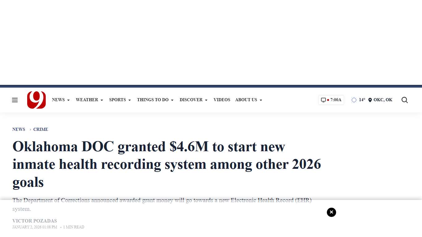 Oklahoma DOC granted $4.6M to start new inmate health recording system among other 2026 goals - News9.com